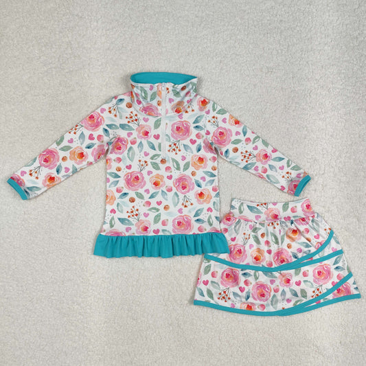 GLD1009Baby Girls Blue Flowers 2Pcs Set Jacket And Skorts Outfit Cute Toddler Girl Clothing Combination