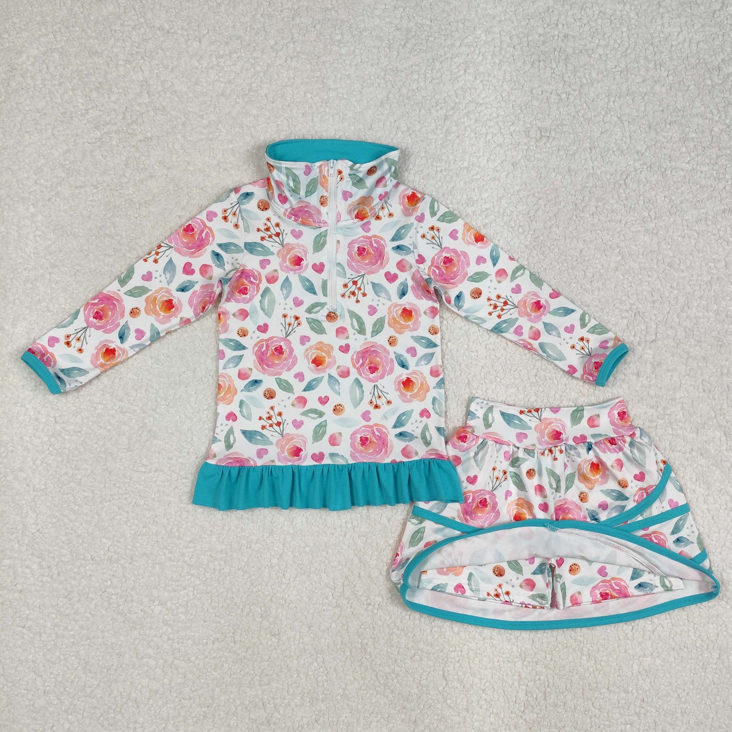 GLD1009Baby Girls Blue Flowers 2Pcs Set Jacket And Skorts Outfit Cute Toddler Girl Clothing Combination
