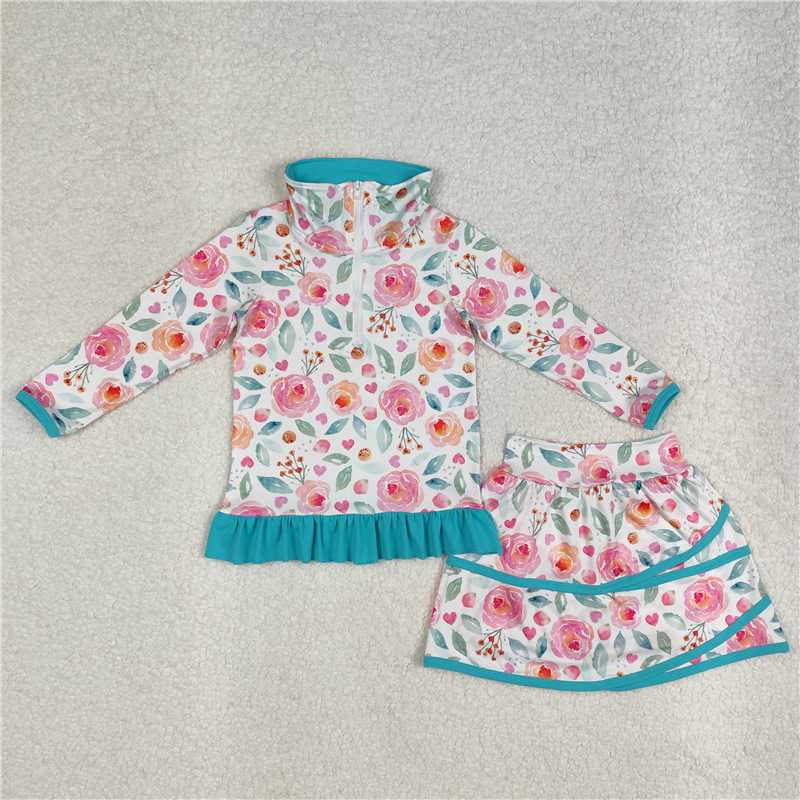 Kids Girls Peach Ruffle Floral Pullover Skirt Set - Floral Print Elastic Waist Mini Skirt with Matching Top for Children's Clothing