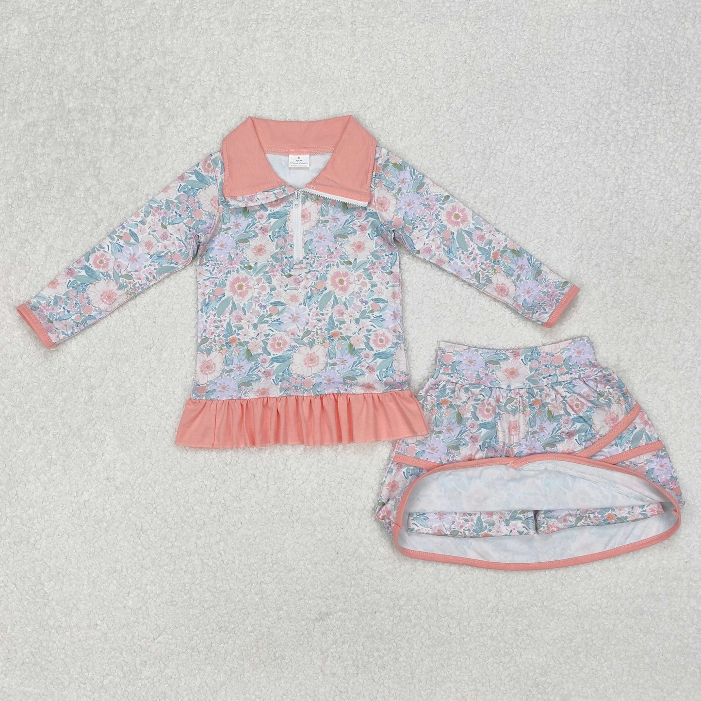 GLD1010Baby Girls Pink Flowers Skort Set with Zip Top And Ruffle Skirt Bottoms Outfit for Infants Toddler Girls Pink Floral Print