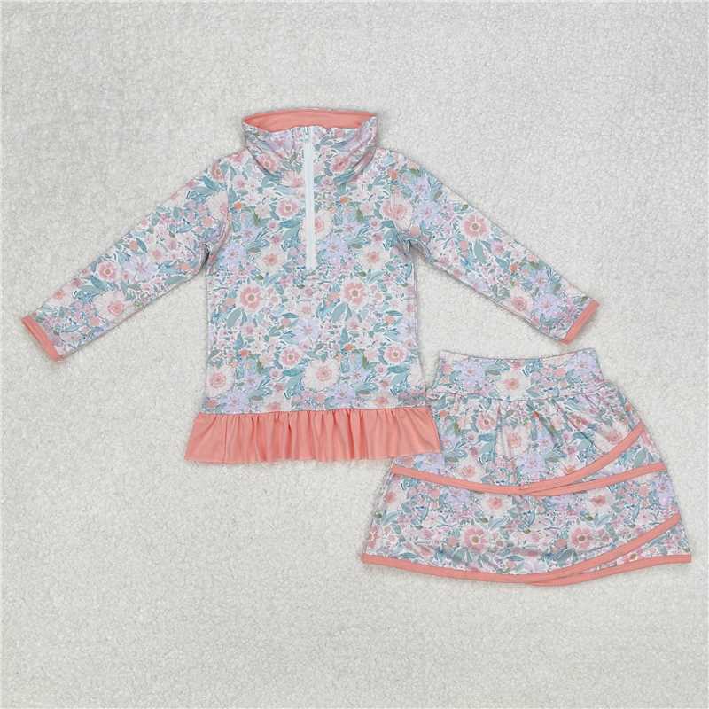 Kids Girls Peach Ruffle Floral Pullover Skirt Set - Floral Print Elastic Waist Mini Skirt with Matching Top for Children's Clothing