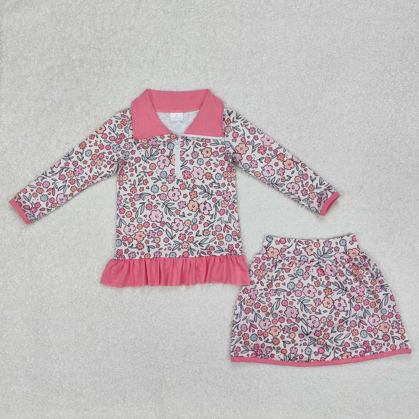 GLD1011Baby Girls Bright Pink Floral Zip Top Skort Set Cute Ruffle Skort Bottoms Outfit for Little Girls