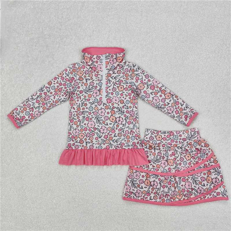 Kids Girls Peach Ruffle Floral Pullover Skirt Set - Floral Print Elastic Waist Mini Skirt with Matching Top for Children's Clothing