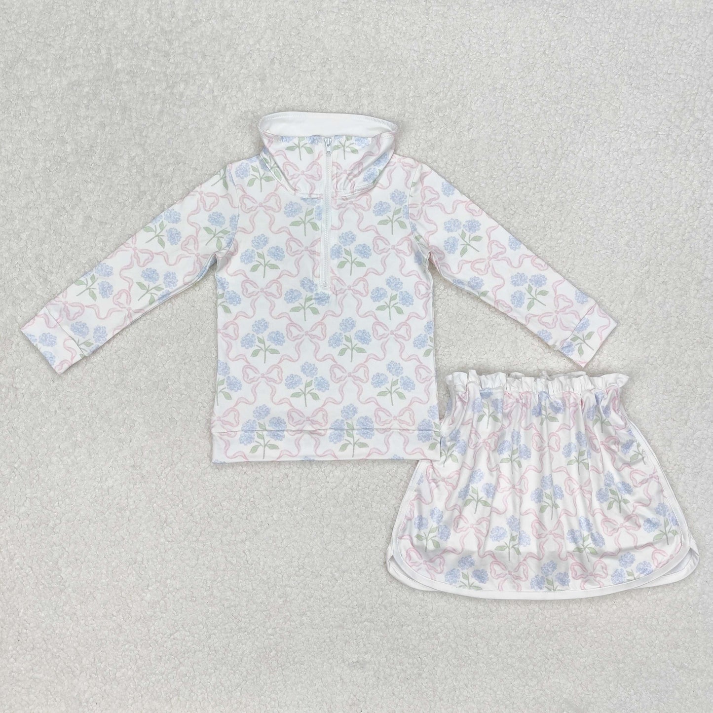 GLD1012Baby Girls Bow Flowers Zip Top Skort Set Cute Floral Outfit Toddler Girl Clothing Set