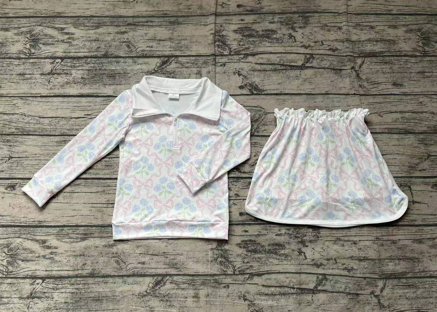 GLD1012Baby Girls Bows Flowers Zip Top Skort Skirt Clothes Sets