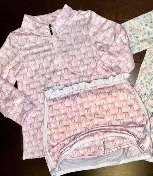 GLD1014Long sleeves pink plaid bow pullover skirt girls clothes