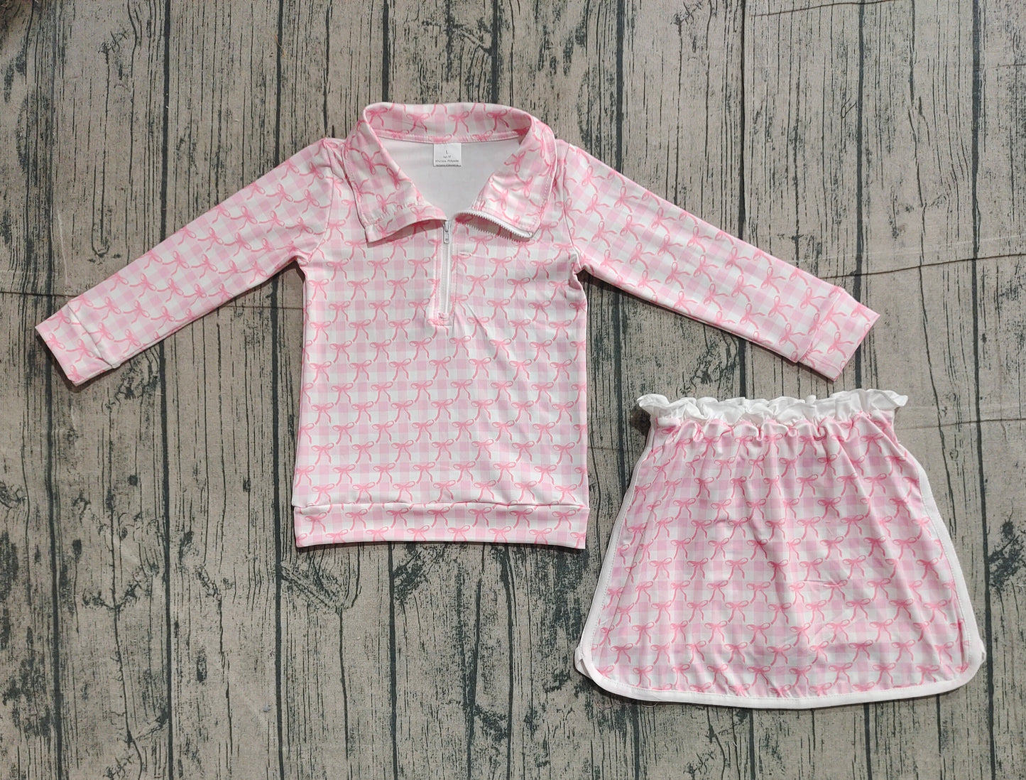 11.5 GLD1014 Sample No Moq Baby Girls Pink Bows Zip Top Skort Bottoms Clothes Sets