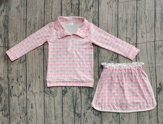 11.5 GLD1014 Sample No Moq Baby Girls Pink Bows Zip Top Skort Bottoms Clothes Sets
