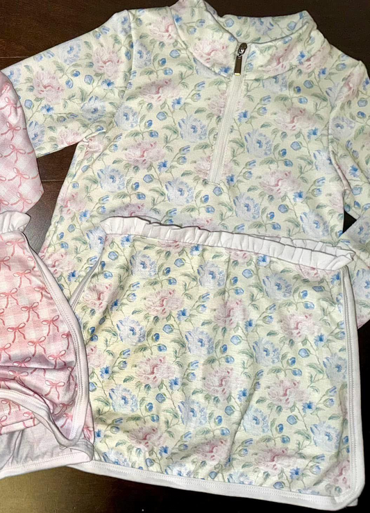 GLD1015Baby Girls Long Sleeves Aqua Floral Zipper Top Ruffle Skirts With Shorts Valentines Set