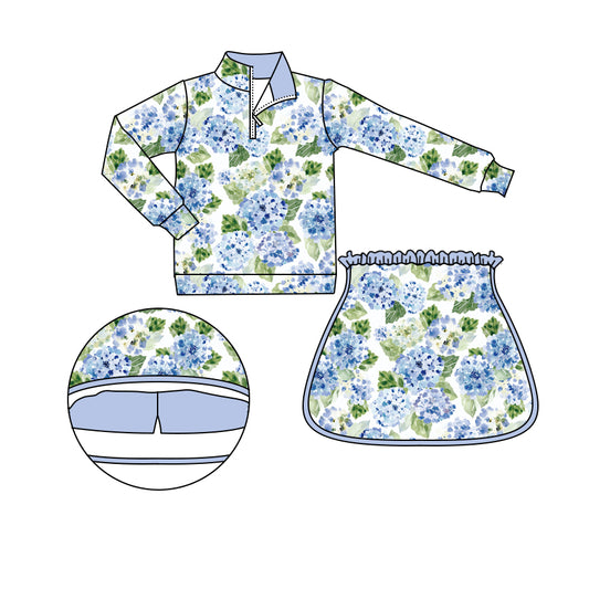 GLD1016Kids Girls Light Blue Floral Long Sleeve Top Skirt Set Cute Floral Print Outfit for Children