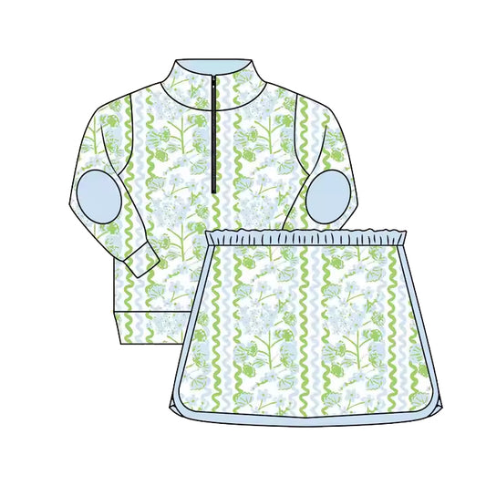 GLD1017Girls Long Sleeve Green Floral Pullover Skirt Cute Casual Spring Summer Autumn Clothes for Kids