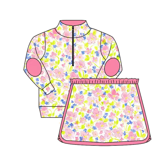 GLD1018Girls Long Sleeve Floral Pullover Skirt Pink Yellow Casual Spring Autumn Dress for Kids