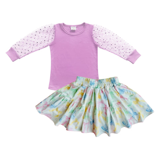 GLD1019Kids Girls Long Sleeves Cotton Top with Colorful Bow Skirt Cute Outfit Set for Children