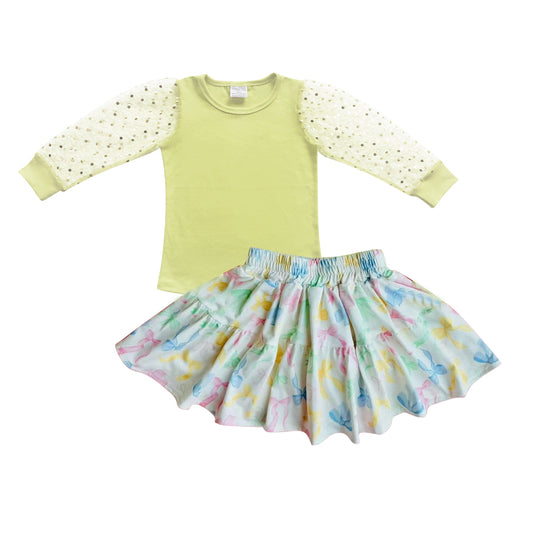 GLD1020Kids Girls Yellow Cotton Top Colorful Bow Skirt Outfit Set - Elegant Apparel for Young Fashionistas
