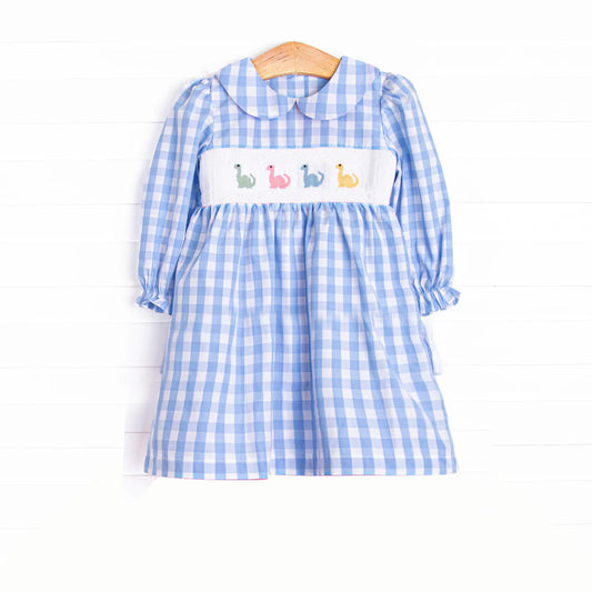 6.06  GLD1021 Pre order Blue plaid long sleeves dinosaur kids girls dresses
