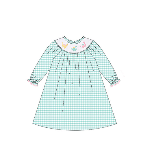 6.06 GLD1022 Pre order Green plaid long sleeves dinosaur kids girls dresses