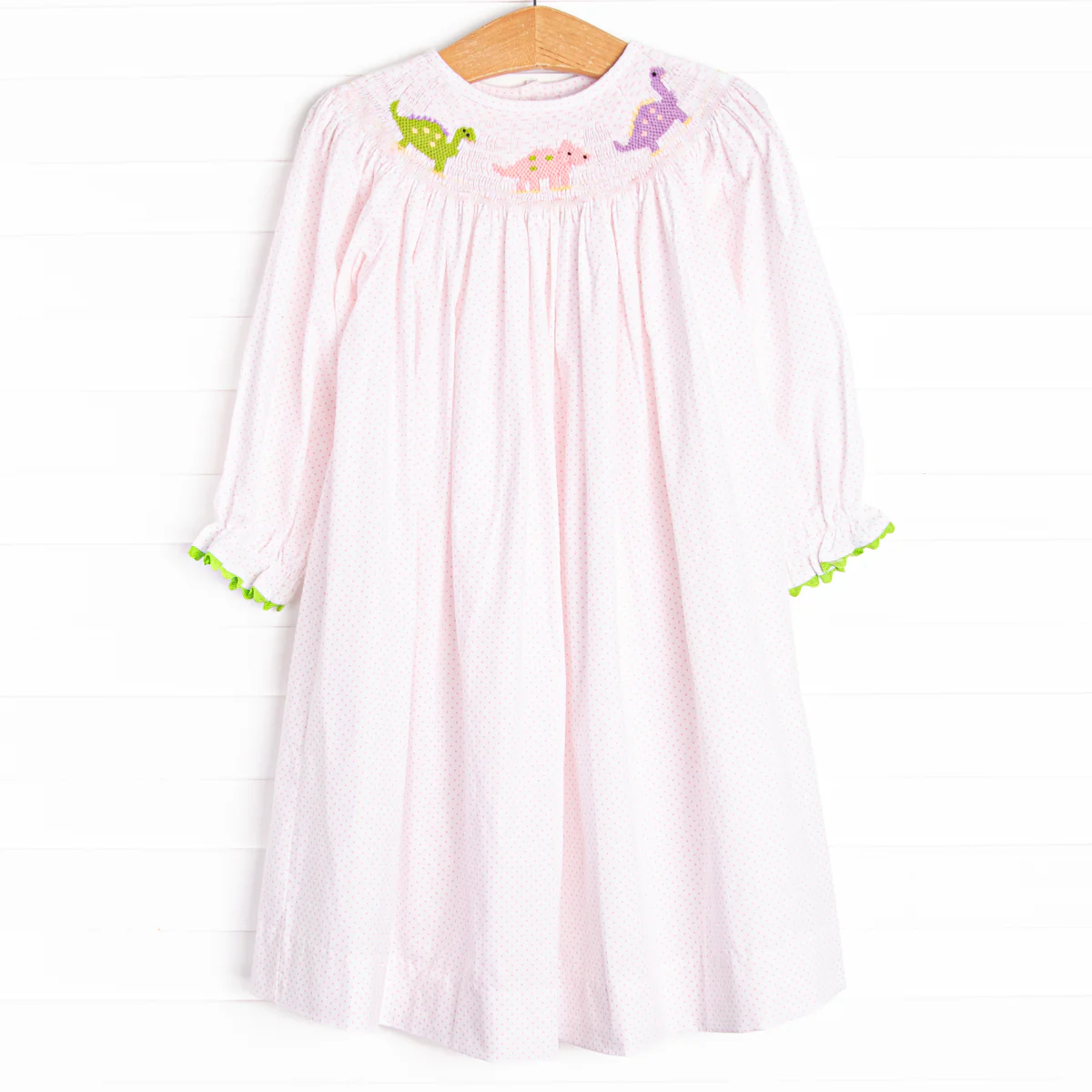GLD1023 Pre orderPink polka dots long sleeves dinosaur kids girls dresses