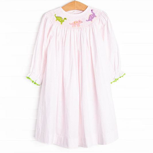 GLD1023 Pre orderPink polka dots long sleeves dinosaur kids girls dresses