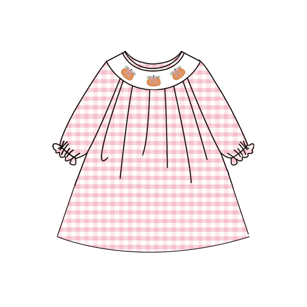 6.02   pre order Kids Girls Pink Plaid Long Sleeve Pumpkin Dress Autumn Fashion Cute Girls Outfit