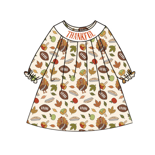 4.28 GLD1026 Pre order Long sleeves football turkey Thanksgiving kids girls dresses