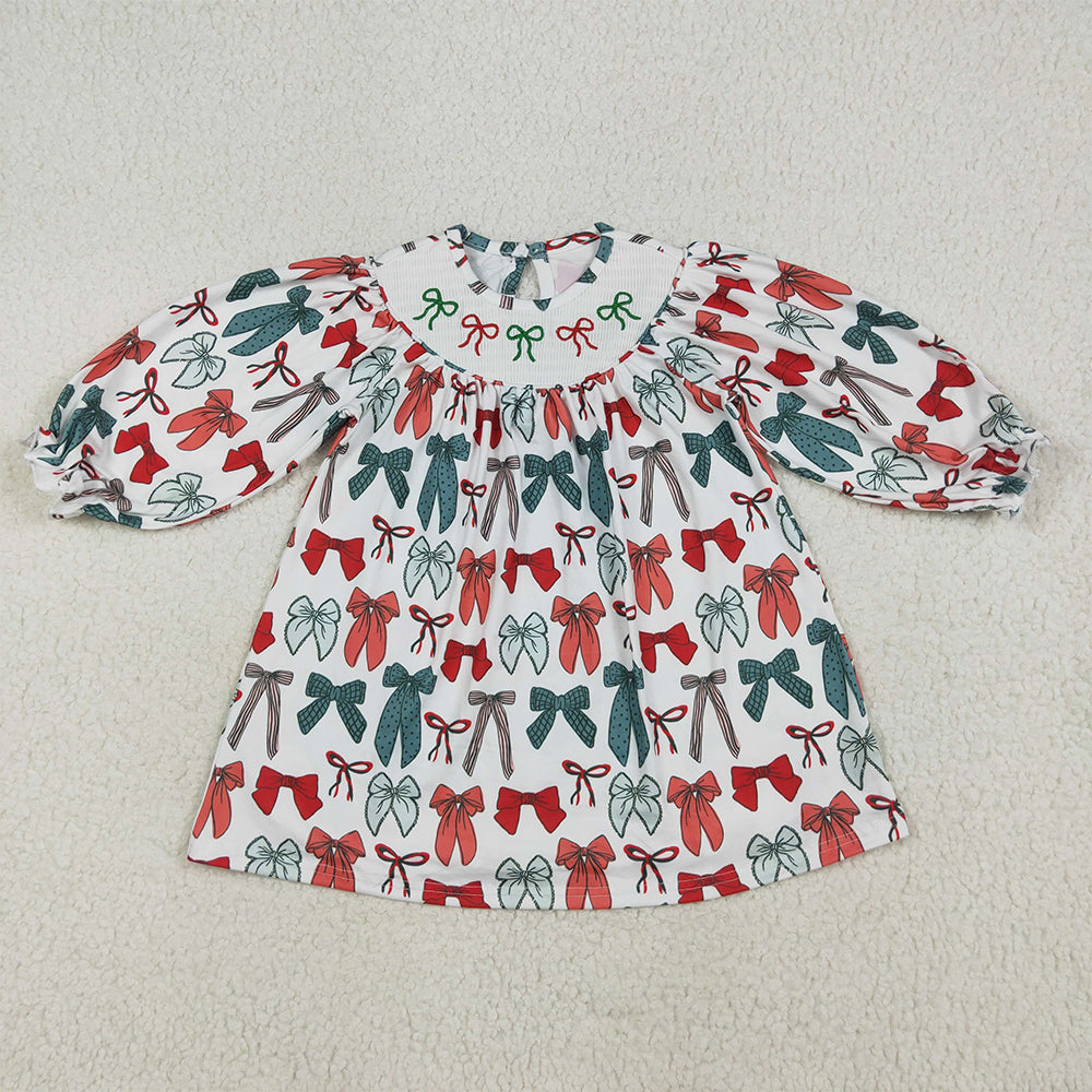 4.28 RTS NO MOQ （In stock） GLD1028 Baby Girls Winter Dress Red green bow long sleeves girls Christmas dress