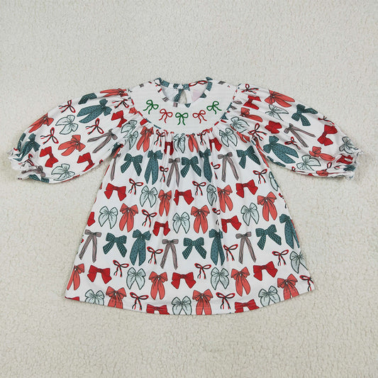4.28 RTS NO MOQ （In stock） GLD1028 Baby Girls Winter Dress Red green bow long sleeves girls Christmas dress