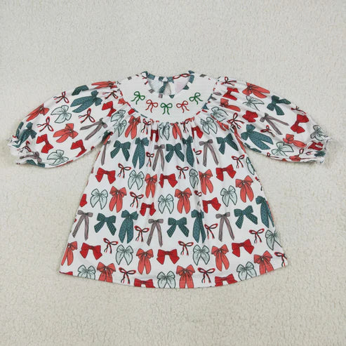 9.27 RTS Sibling Baby Girls Green Red Bows Christmas Knee Length Dresses