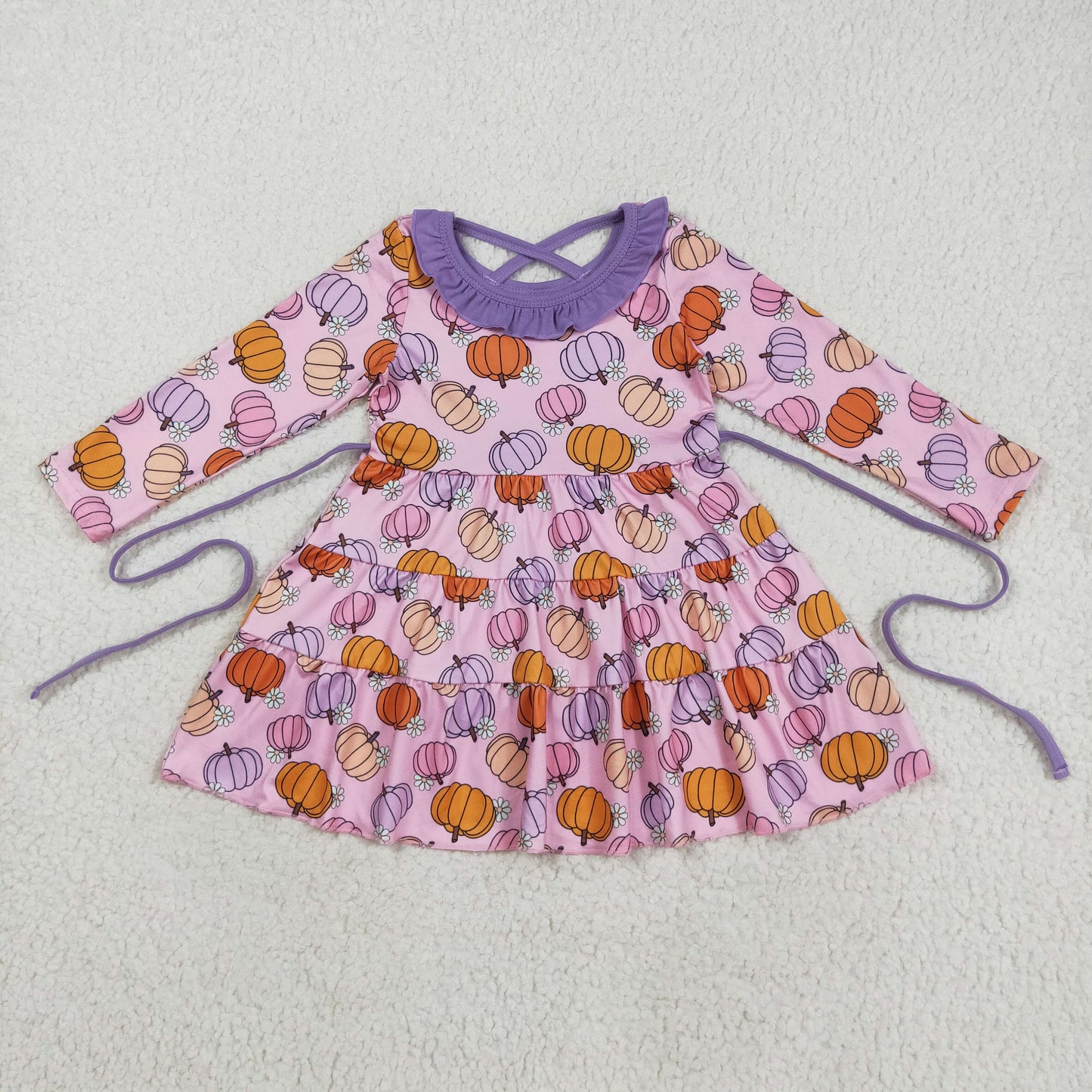 8.22 RTS NO MOQ （In stock）GLD1032 Baby Girls Winter Dress Baby Girls Pink Flowers Pumpkins Fall Knee Length Dresses With Belt