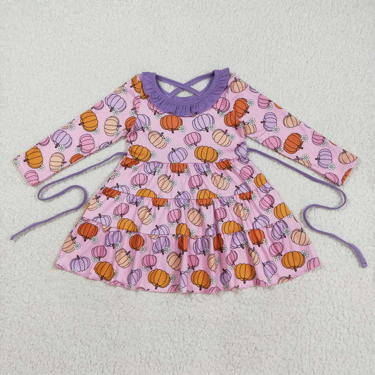 8.22 RTS NO MOQ （In stock）GLD1032 Baby Girls Winter Dress Baby Girls Pink Flowers Pumpkins Fall Knee Length Dresses With Belt