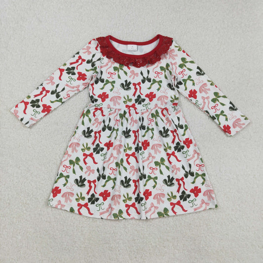 RTS NO MOQ （In stock）GLD1036 Baby Girls Winter Dress Colorful Bows Christmas Lace Ruffle Knee-Length Dress