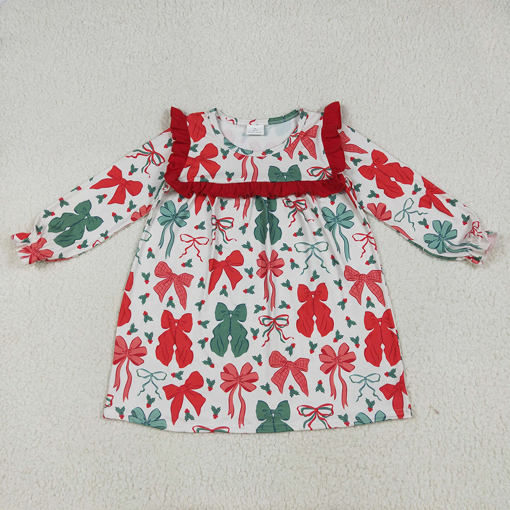 GLD1046 RTS NO MOQ Baby Girls Winter Dress Baby Girls Long Ruffle Sleeves Red Green Bows Knee Length Dresses