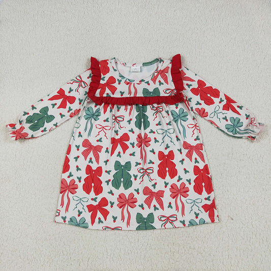 GLD1046 RTS NO MOQ Baby Girls Winter Dress Baby Girls Long Ruffle Sleeves Red Green Bows Knee Length Dresses