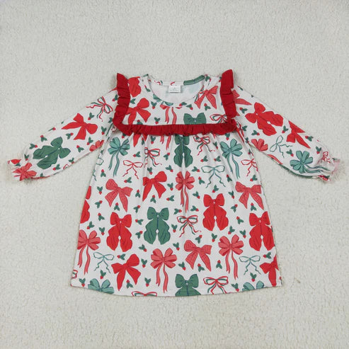 9.24 RTS Sibling Baby Girls Green Red Bows Long Sleeves Christmas Knee Length Dresses