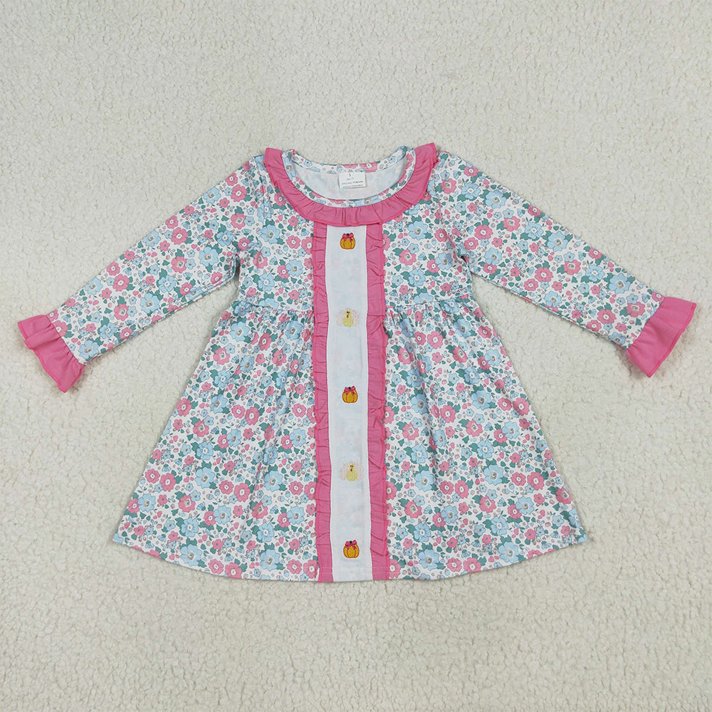 7.10 GLD1053 RTS NO MOQ Baby Girls Dress Embroidery Baby Girls Long Ruffle Sleeves Floral Turkey Pumpkins Knee Length Dresses