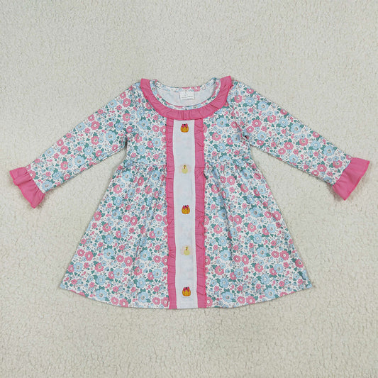 7.10 GLD1053 RTS NO MOQ Baby Girls Dress Embroidery Baby Girls Long Ruffle Sleeves Floral Turkey Pumpkins Knee Length Dresses