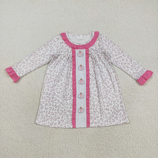 RTS NO MOQ （In stock）GLD1054 Baby Girls Winter Dress Embroidery Pumpkins Baby Girls Pink Leopard Fall Knee Length Dresses