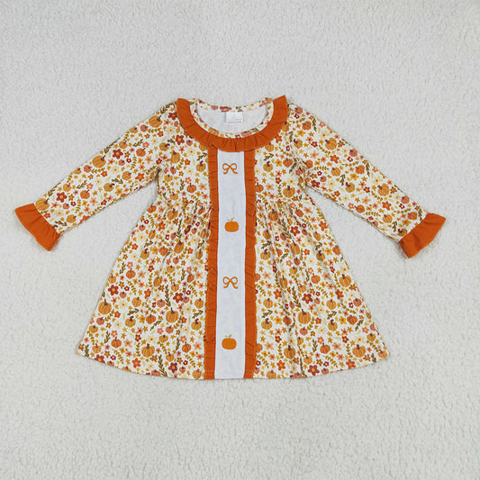 8.16 GLD1058RTS NO MOQ Baby Girls Winter Dress Embroidery Baby Girls Long Ruffle Sleeves Bows Pumpkins Flowers Knee Length Dresses