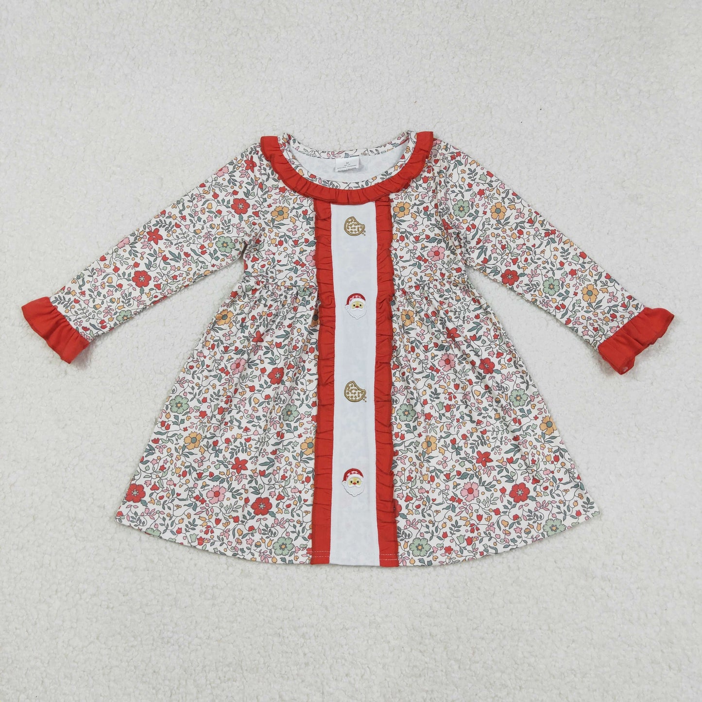 RTS NO MOQ （In stock）GLD1062 Baby Girls Winter Dress Floral Cookie Santa Girls Long Sleeve Christmas Dress Festive Holiday