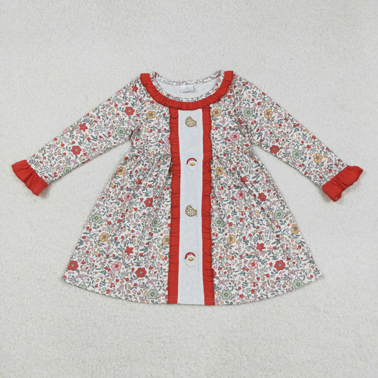 RTS NO MOQ （In stock）GLD1062 Baby Girls Winter Dress Floral Cookie Santa Girls Long Sleeve Christmas Dress Festive Holiday