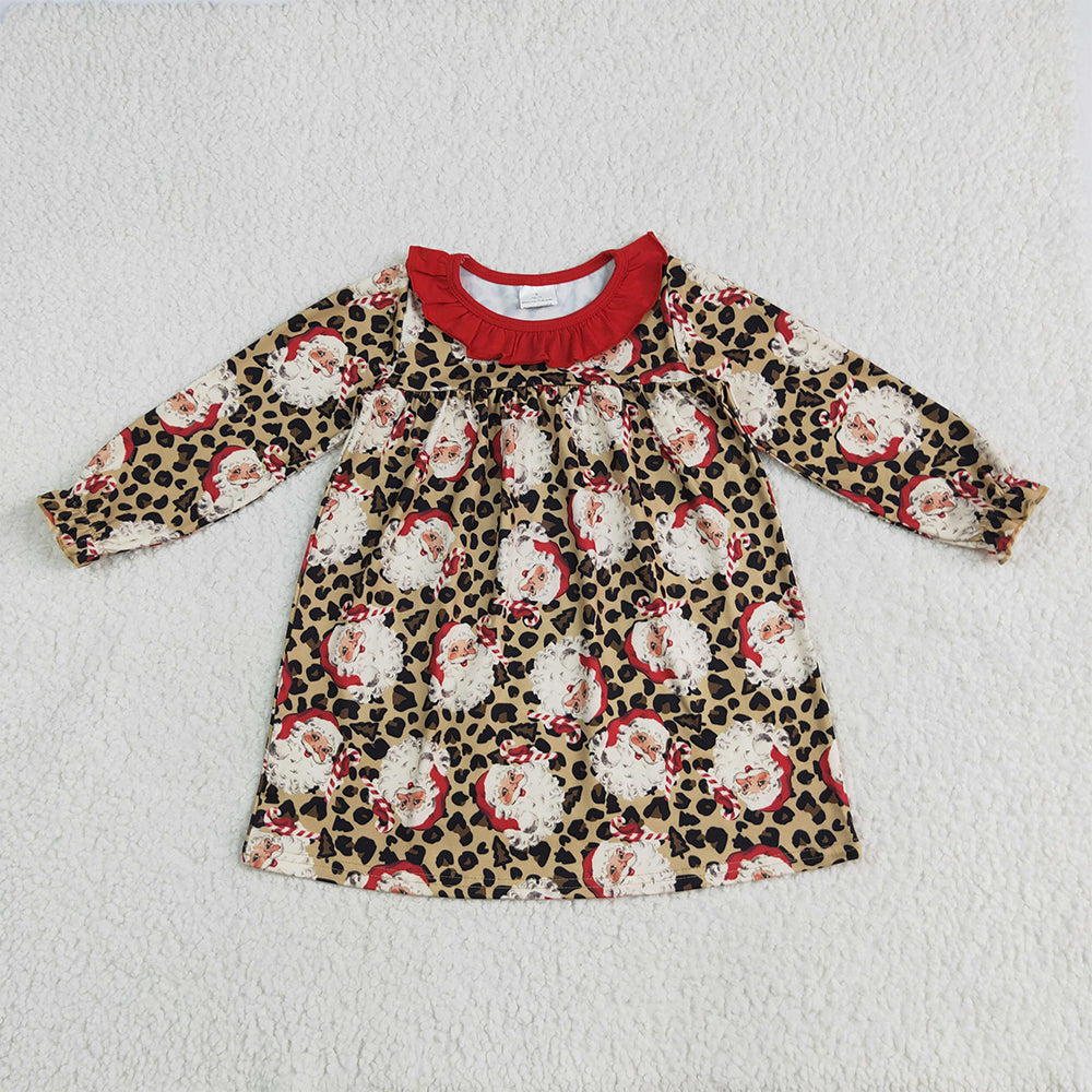 RTS NO MOQ Sibling milk silk Baby Girls Leopard Santa Print Long Sleeve Top Pant Set Christmas Dress Romper Ruffle Neck Christmas Outfit