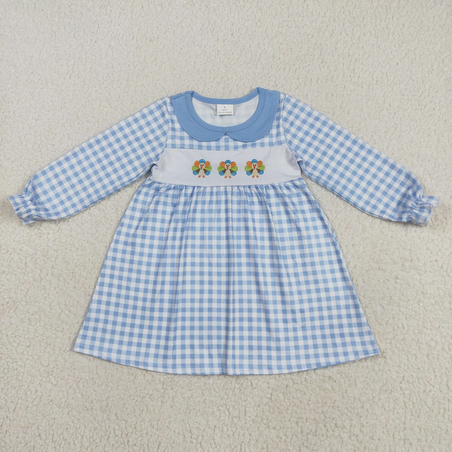 8.25  RTS NO MOQ （In stock）GLD1070 Baby Girls Winter Dress Embroidery Baby Girls Blue Checkered Thanksgiving Turkey Ruffle Knee Length Dress
