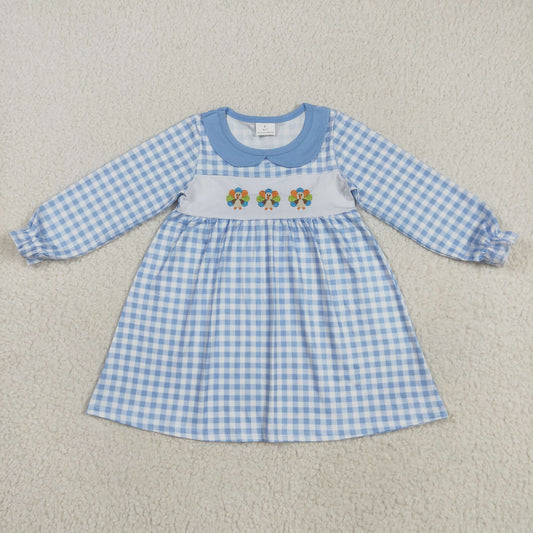 8.25  RTS NO MOQ （In stock）GLD1070 Baby Girls Winter Dress Embroidery Baby Girls Blue Checkered Thanksgiving Turkey Ruffle Knee Length Dress