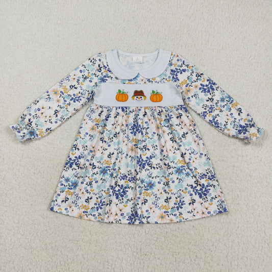 RTS NO MOQ （In stock）GLD1071 Baby Girls Winter Dress Embroidery Baby Girls Long Ruffle Sleeves Floral Pumpkins Knee Length Dress