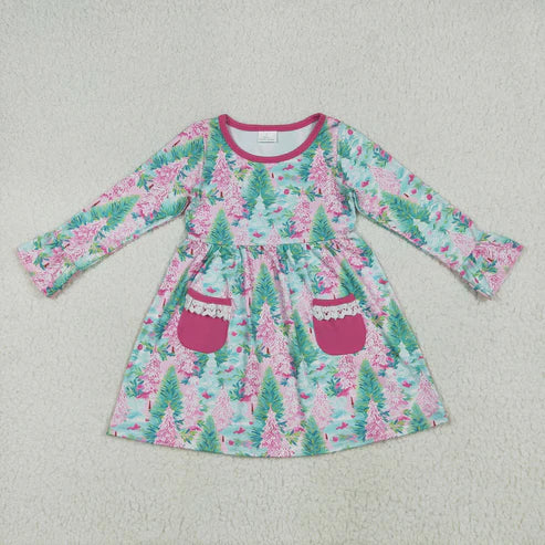 10.30 RST Sibling Baby Girls Bows Holly Trees Plaid Christmas Ruffle Knee Length Dresses