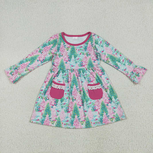 8.13  GLD1072RTS NO MOQ Baby Girls Winter Dress Baby Girls Long Ruffle Sleeves Trees Floral Pockets Knee Length Dress