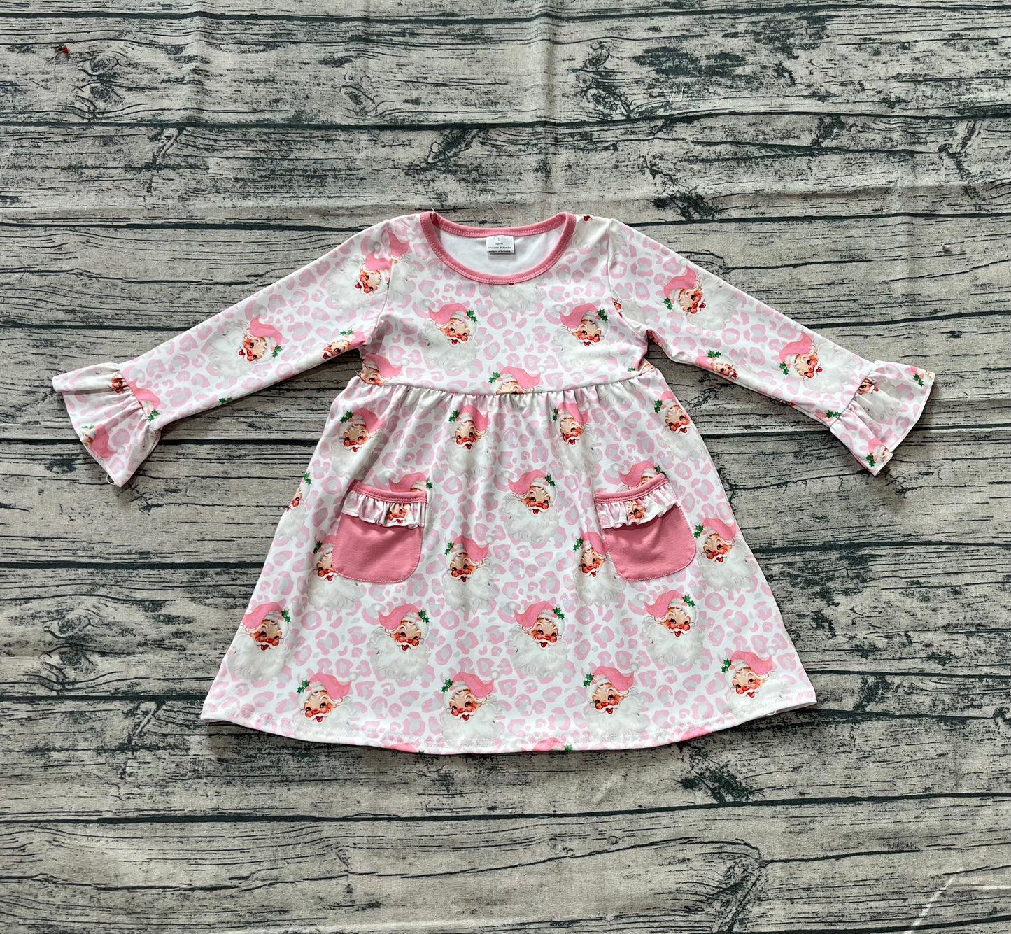 8.16  GLD1073 Sample No Moq Fast Coming Baby Girls Winter Dress Baby Girls Long Ruffle Sleeves Pink Leopard Santa Pockets Knee Length Dress