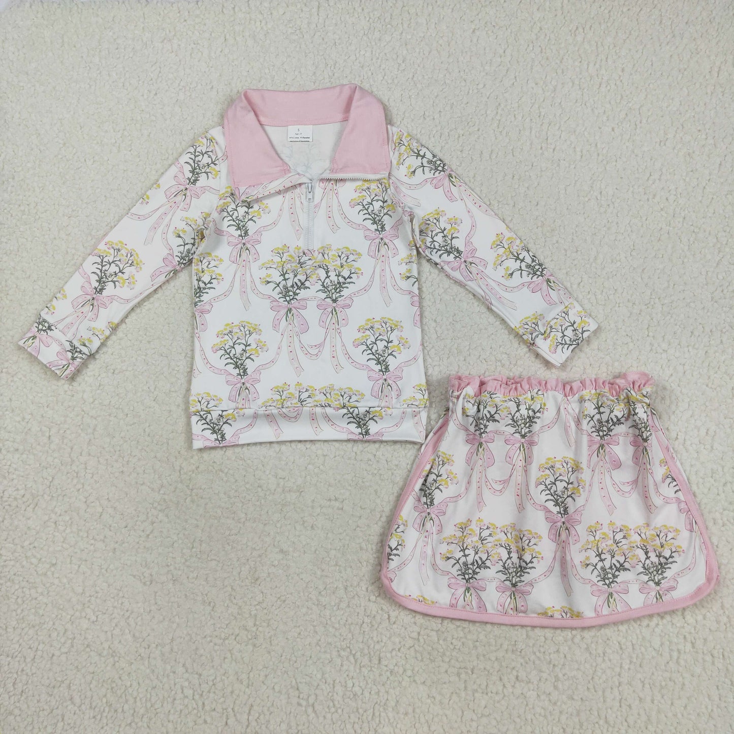 RTS NO MOQ （In stock）GLD1078 Baby Girls Outfits Baby Girls Pink Bows Flowers Plaid Half Zip Pullpvers Skorts Set