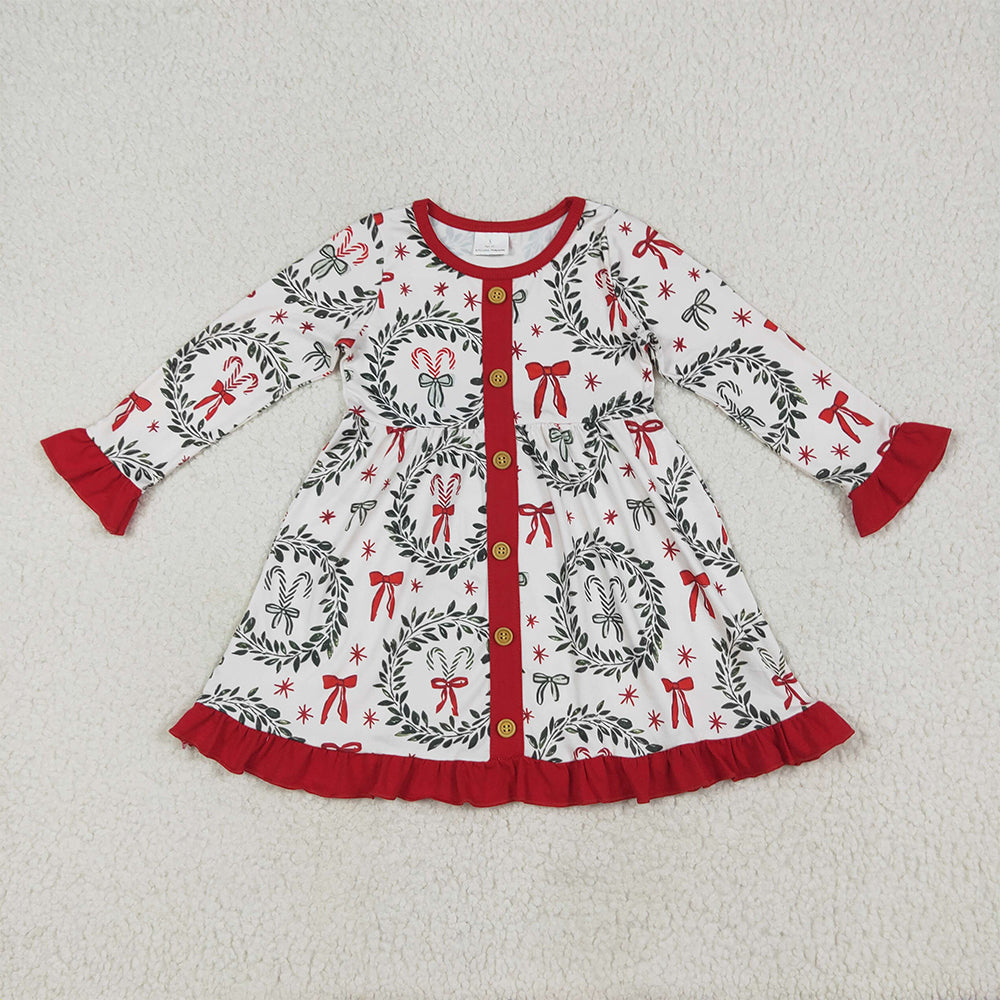8.15 GLD1082 RTS NO MOQ Baby Girls Winter Dress Baby Girls Long Ruffle Sleeves Green Red Bows Button Knee Length Dresses