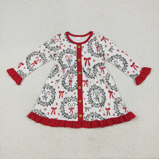 8.15 GLD1082 RTS NO MOQ Baby Girls Winter Dress Baby Girls Long Ruffle Sleeves Green Red Bows Button Knee Length Dresses