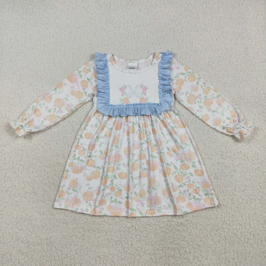 RTS NO MOQ （In stock）GLD1084 Baby Girls Winter Dress Baby Girls Long Ruffle Sleeves Light Blue Pumpkins Knee Length Dresses